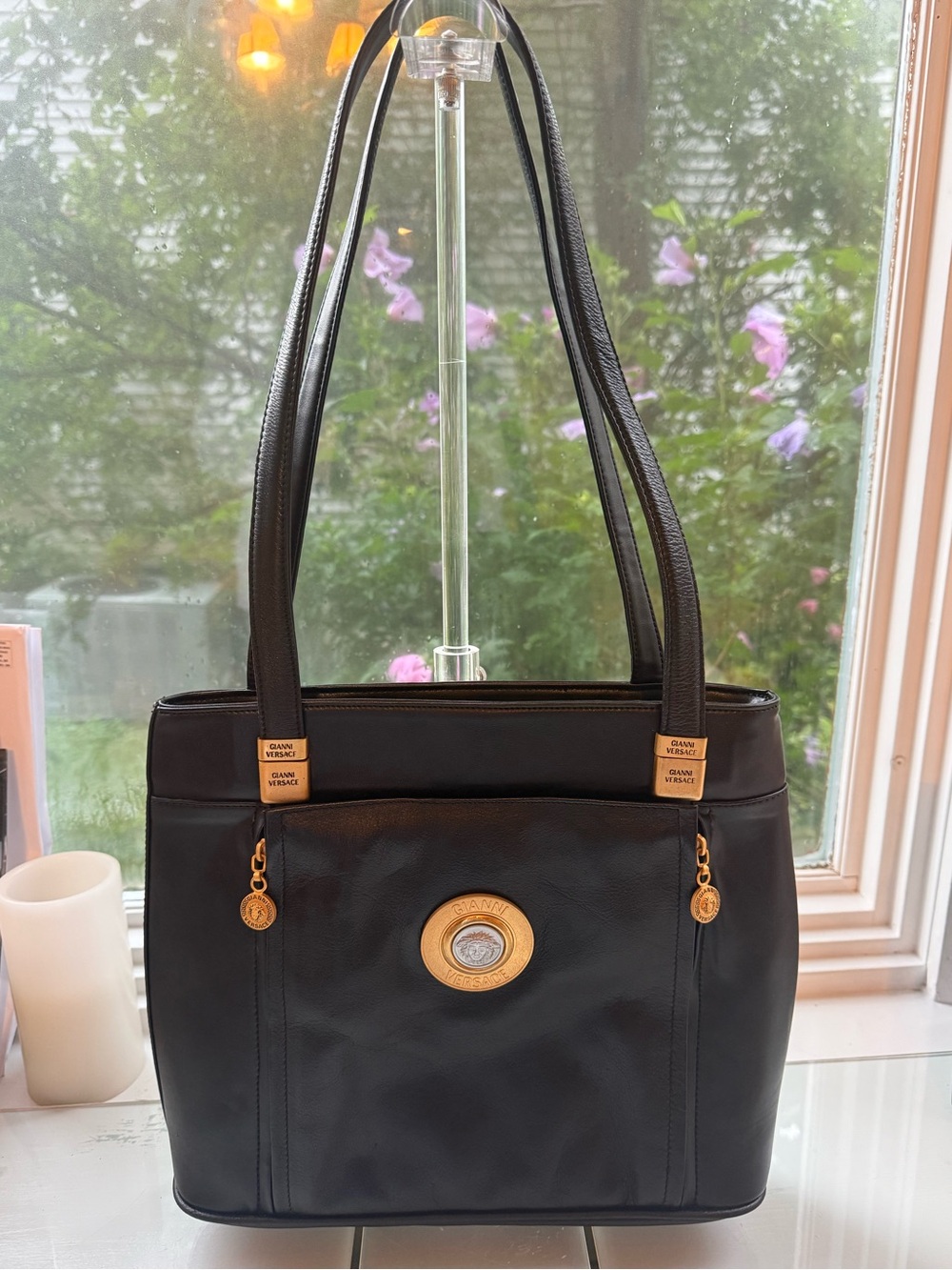 Vintage Versace Black Leather Shoulder Bag